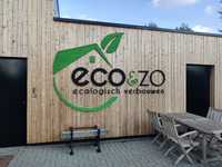 Eco & Zo logo in Binderholz met Rubio Monocoat Hybrid Wood protector 'Royal' en 'Veggie' afwerking.